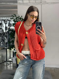 Black Friday Joskaa Fashion Sleeveless Knitted Cardigan Vests For Women Autumn New Short Sweater Button With Pockets Solid Color Knitted Top