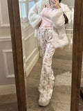 Joskaa Fashion All-match Cute Rabbit Print Trousers Y2k Drawstring High Waist Flare Pants 2024 Sumemr New Loose Wide Leg