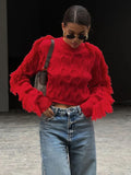 Black Friday Joskaa Splice Tassel Short Knitted Top Female Solid Slim Fit Long Sleeves Fashion Pullover Sweater Women's Autumn Winter Casual