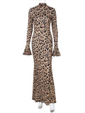 Black Friday Joskaa Leopard Print Stand Collar Sexy Dress For Women Fashion Ruffle Sleeve Slim Maxi Dress Female 2024 Autumn New High Street