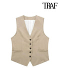 Back To School Joskaa Women Fashion Front Button Linen Waistcoat Vintage V Neck Sleeveless Female Outerwear Chic Vest Tops