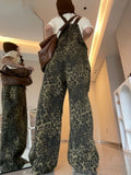 Joskaa Jumpsuits Retro Leopard Denim Camisole Pants for Women Y2k High Waist Loose Wide Leg  2024 New Straight Trousers