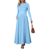 Joskaa Women Fashion Maxi Skirt Casual Round Neck Solid Color Pleated Pocket Slim Fit Long Sleeve Dresses For Women Knee Length