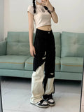 Joskaa Trend Street Black White Denim Pants Women Y2k E-Girl High Waist Irregular Trousers Summer Loose Straight Wide Leg  Jeans