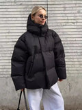 Black Friday Joskaa Female Cotton Jacket Solid Hooded Zipper Cotton Jacket 2024 Autumn Winter New Lady Loose Long Sleeve High Street Outwear