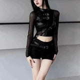 Joskaa Harajuku Sexy Crop Top Black Leather T-shirts 2024 Autumn New Slim Fit Tee Shirt Y2k E-Girl Long Sleeve Mesh Tops Women