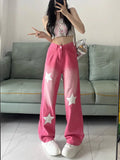 Joskaa American Vintage Star Print Street Denim Pants 2024 Autumn Sweet Pink Trousers Women Y2k Grunge High Waist Wide Leg