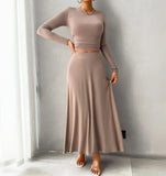 Elegant Two Piece Set for Woman Fashion Solid Color Tight O-Neck Long Sleeved Exposed Navel Top High Waist A-Line Long Skirt Set