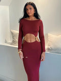 Black Friday Joskaa Waist Hollow Slim Sexy Long Dress For Women Side Slits Fashion Long Sleeve Gown Dress High Elasticity Dress Lady Elegant