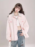 Black Friday Joskaa Kawaii Baseball Jackets for Women Lapel Patchwork Button Up Casual Top Coat Japanese Style Fashion Autumn Winter Clothes