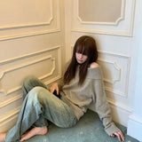 Joskaa Y2k Vintage Off Shoulder Knit Sweater Women Autumn Korean Fashion Aesthetic Harajuku Jumper Gyaru Sexy Pullover Loose