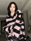 Black Friday Joskaa Harajuku Striped Sweater Oversize Y2k Style Pink Detachable Sleeves Star Print Jumpers Gothic Winter Korean Alt Clothes