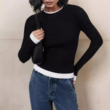 Black Friday Joskaa Fall Winter Contrast Color Knitted Sweater Female Long Sleeve Thin Knitted Bottoming Stitching Rabbit Fleece Pullover Top