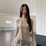 Joskaa Fashion Sexy Slash Neck T-shirt for Women Summer New Slim Fit Thin Tops  Y2k E-Girl Long Sleeve All-match Tee Shirt