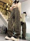 Joskaa Vintage Street Leopard Print Straight Jeans for Women Y2k High Waist All-match Denim Pants 2024 New Loose Wide Leg Pants