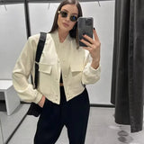 Back To School Joskaa woman bomber jacket coat White autumn winter button baseball aviator cropped jackets for women long sleeve crop outerwear