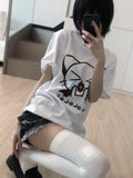 Back To School Joskaa Kawaii Cat Print T-shirts for Women Anime Kitty Graphic Short Sleeve Tight Tees White Tops Japanese Y2k Cutecore Clothes