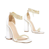 JOSKAA Fashion Gold Sexy Sandals Ankle Strap Chunky High Heels Lady Peep Toe Pumps Summer Women Sandals Chain High Heels Female