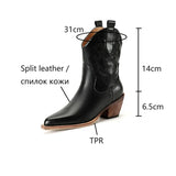 Joskaa NEW Autumn Women Western Boots Split Leather Shoes for Women Pointed Toe Chunky Heel Boots Winter Female Embroidered Short Boots