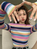 Black Friday Joskaa Long Sleeve Striped Sweater Off Shoulder Jumpers for Women 2024 Kawaii Pullover Y2k Korean Style Sweet Girls Top Fashion