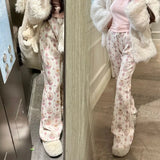 Joskaa Fashion All-match Cute Rabbit Print Trousers Y2k Drawstring High Waist Flare Pants 2024 Sumemr New Loose Wide Leg