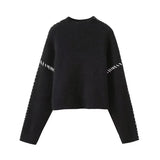 Black Friday Joskaa Contrast Patchwork Topstitch Sweater Female Pullovers 2024 Autumn Round Collar Warm Knitted Top Chic Long Sleeve Loose