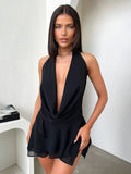 Black Friday Joskaa Draped Sexy Backless Halter Mini Dress Women's Elegant See Through Deep V Neck Lace Up Mesh Holiday Beach Female Dress