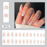 Joskaa Christmas manicure  Fall nails back to school W130 Elegant and Chic White False Nails with Wavy Lines Patterns，New Fashion False Nails for Women - Waterdrop-shaped Wearable