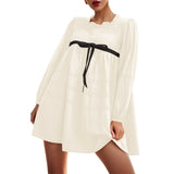 Joskaa Women Loose Puff Sleeve Flowy Comfortable Mini Dress Long Sleeve Pullover Skirt Long Cute Bow Tie Front Plus Long Sleeve Dress