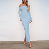 Joskaa Women Fall Temperament Long Dress Long Sleeve Off Shoulder Slit Maxi Fit Cocktail Dress Womens Dresses For Wedding Fall Trendy