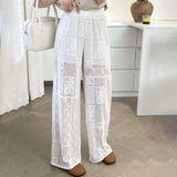 Joskaa 2024 Summer Hollow Out Lace White New Pants Y2k E-Girl High Waist Straight Trousers Fashion Casual Loose Wide Leg