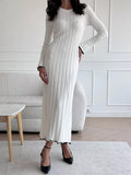 Black Friday Joskaa TARXUXY Long Sleeve Knitted Dress For Women Autumn Winter Slim Sexy Striped Sweater Long Dresses Female Elegant Party Clothes