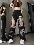 Joskaa Vintage Hole Hollow Out Black Jeans for Women Y2k E-Girl High Waist Straight Denim Pants 2024 Summer New Loose Wide Leg