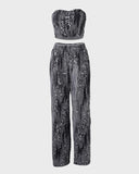 Joskaa Elegant Two Piece Set for Women Velvet Contrasting Sequins Strapless Top Pockets Pants High Waist Straight Pants Matching Sets