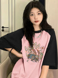 Back To School Joskaa Pink Patchwork Print Women T Shirt Y2k O-neck 100% Cotton Tees Harajuku Graphic Kawaii Tops Korean Aesthetic Clothes New