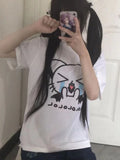 Back To School Joskaa Kawaii Cat Print T-shirts for Women Anime Kitty Graphic Short Sleeve Tight Tees White Tops Japanese Y2k Cutecore Clothes