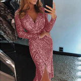 Joskaa Women Sexy Deep V Sequins Party Dress Wrap Ruched Long Sleeve Formal Dress For Women Wedding Guest Evening Party Dresses