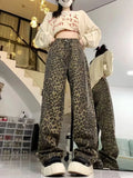 Joskaa Vintage Street Leopard Print Straight Jeans for Women Y2k High Waist All-match Denim Pants 2024 New Loose Wide Leg Pants