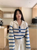 Black Friday Joskaa Blue Stripe Sweater Women Zipper Mock Neck Pullover Korean Fashion Vintage Basic Raglan Sleeve Winter Clothes Ins 2024