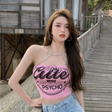 Joskaa Sweet Pink Letter Print Camisole Vest for Women Summer Sexy Off Shoulder Tank Top Y2k E-Girl Bottoming Strapless Tops Female