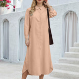 Joskaa Women Fashion Long  Shirt Dressbutton Down Long Sleeved Slit Loose Casual Solid Color Shirt Dress For Women Spring And Summer