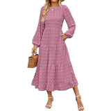 Joskaa Women Long Sleeve Maxi Dresses Casual Crew Neck Dot Tiered Flowy A Line Wedding Guest Dress Casual Fall Dress Fashionable