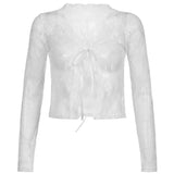 Joskaa American Sexy Lace See Through Cardigan Mujer V-neck Crop Top Slim Fit Tops Women Y2k E-Girl Long Sleeve All-match Shirts