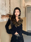 Joskaa American V-neck Leopard Print Fur Collar Cardigan Autumn Winter New Sweaters Coat Women Y2k Slim Fit Long Sleeve Tops Mujer