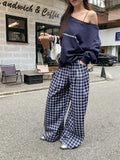 Black Friday Joskaa Navy Blue Skew Collar Sweatshirt Women Letter Print Oversized Streetwear Hoodie Wide Leg Plaid Pants Two Peice Sets Chic