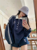 Black Friday Joskaa Striped Patchwork Hoodies Women Navy Turndown Collar Oversized Sweatshirt Sporty Chic Autumn Korean Uniform Clothes Chic