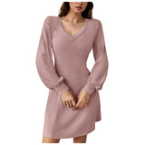 Joskaa Women'S Fashion Autumn Dress V Neck Braided One Line Long Sleeve Gown Sweater Dress Long Knit Sweater Dress For Women Elegant