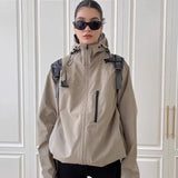 Joskaa  Hooded Windbreaker Jackets Women Oversized Vintage Casual New in Outerwears Black Zipper Coats Autumn Track Jackets
