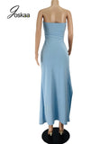 Joskaa Sky Blue Strapless Hollow Out Maxi Dresses for Women Party Clubwear 2024 Summer Sexy Backless High Slit Bodycon Dress