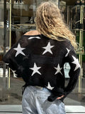 Black Friday Joskaa Street Stars Printed irregular Wide Collar Sweater Hot Girl Loose Thin Ripped Knit Sexy See Through Pullovers Long Sleeve